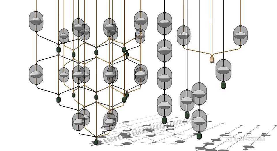 Modern Geometric Chandelier Design With Hanging Circular Lamps And Metal Framework Structure 3d model 