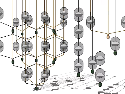 Modern Geometric Chandelier Design With Hanging Circular Lamps And Metal Framework Structure 3d model