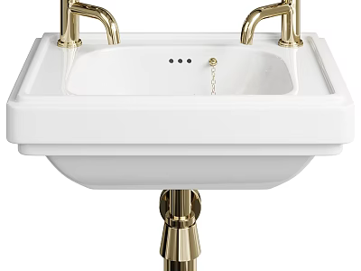 Classic White Pedestal Washbasin With Gold Faucets Chain Drain And Gold Base 3d model