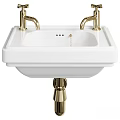 Classic White Pedestal Washbasin With Gold Faucets Chain Drain And Gold Base