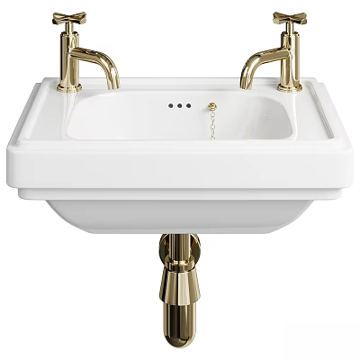 Classic White Pedestal Washbasin With Gold Faucets Chain Drain And Gold Base 3d model