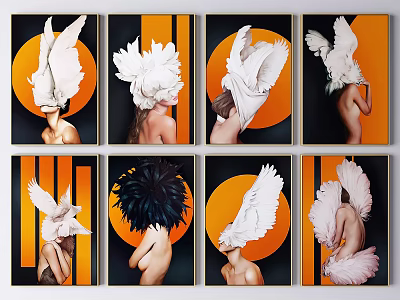 Figure Paintings Featuring Feather Like Headpieces Orange Circular Backgrounds And Black Stripes 3d model