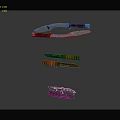 Different Weapons Types Including Curved Blade Knife With Red Black Handle and Folding Knife