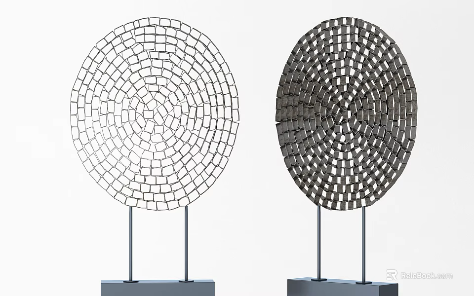 Modern Circular Tile Patterned Decorative Ornament Set With Two Tone Metal Stands And Square Bases 3d model 