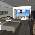 Modern Hotel Guest Room Featuring Twin Beds Large Windows Sea View And TV