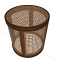 Set of Two Modern Round Rattan Stools with Wooden Frame and Woven Pattern