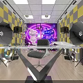 Public Office Space Featuring Yellow Gray Checkered Walls Neon Lights Photography Umbrellas And Wooden Floor