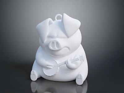 White pig figurine sitting and holding a small banjo on dark background 3d model