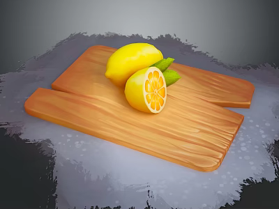 Fresh Ripe Lemons With Sliced Half On Natural Wooden Cutting Board 3d model
