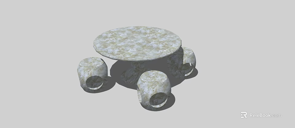 Round Stone Table and Stool Set with Four Hollow Design Stools and Textured Surface 3d model