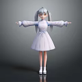 3D Model Girl With Gray Twin Ponytails White Dress White Shoes Arms Outstretched Dark Background
