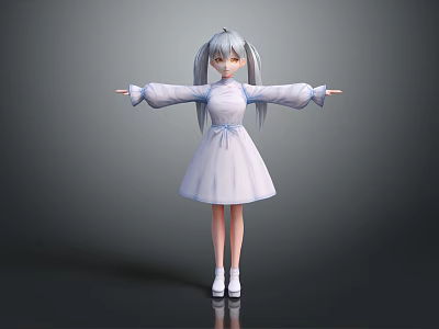 3D Model Girl With Gray Twin Ponytails White Dress White Shoes Arms Outstretched Dark Background 3d model