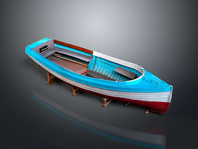 Blue And White Wooden Boat With Red Hull And Interior Wooden Seats 3d model