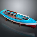 Blue And White Wooden Boat With Red Hull And Interior Wooden Seats