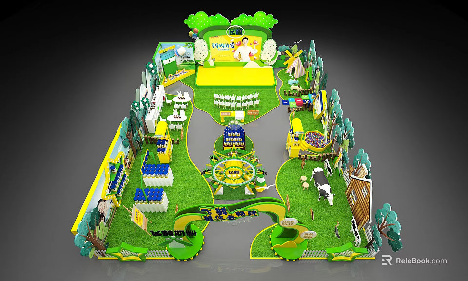 Colorful Kids Activity Area Layout With Green Grass Trees And Cartoon Elements 3d model 