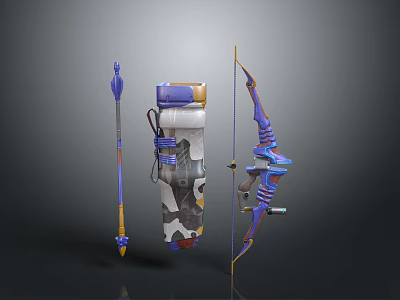 Decorative Fantasy Weapons Set With Blue Bow Purple Spear And Ornate Quiver Design 3d model