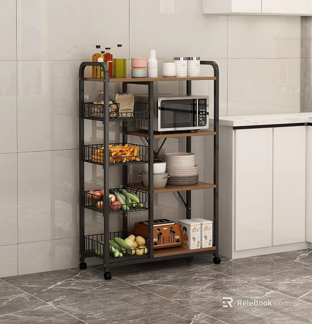 Practical Kitchen Storage Shelf With Rolling Wheels Multi-tier Wood Metal Frame Microwave Fruits Vegetables Dishes And Baskets 3d model 