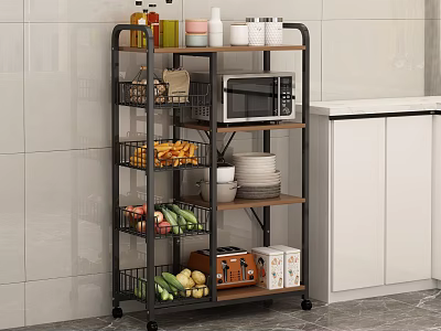Practical Kitchen Storage Shelf With Rolling Wheels Multi-tier Wood Metal Frame Microwave Fruits Vegetables Dishes And Baskets 3d model