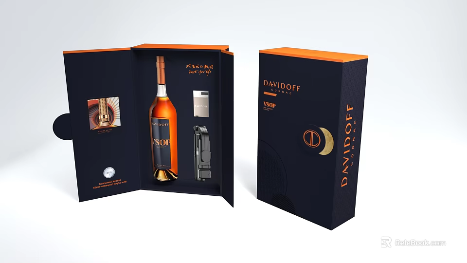 Davidoff Wine Bottle And Glass In Premium Blue Gift Box With Gold Accents And Accessories 3d model 