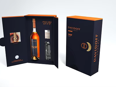 Davidoff Wine Bottle And Glass In Premium Blue Gift Box With Gold Accents And Accessories 3d model