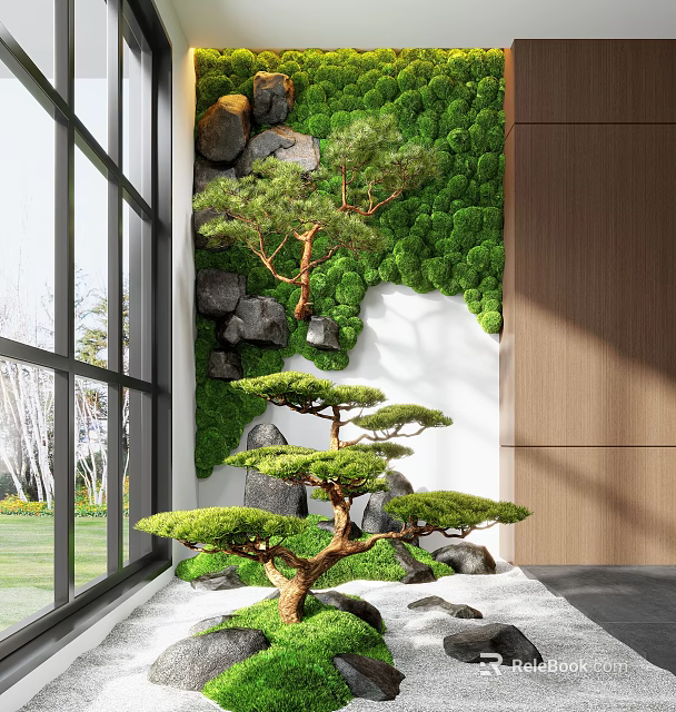 Lush Indoor Landscape Design With Green Moss Wall Pine Tree Rocks And Large Windows 3d model 