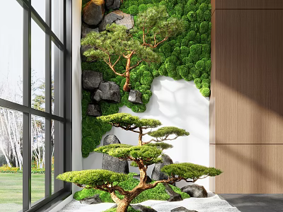 Lush Indoor Landscape Design With Green Moss Wall Pine Tree Rocks And Large Windows 3d model