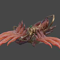 Fantasy Mythical Weapon With Red Gold Decoration Green Gemstone And Flame Like Wings