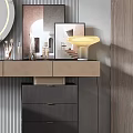 Modern Dressing Table Interior With Round Mirror Cosmetics Stool And Striped Wall 3d model
