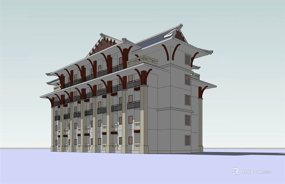 Traditional Architectural Style Multi Story Building With Decorative Roof And Balconies 3d model 