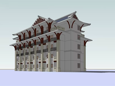 Traditional Architectural Style Multi Story Building With Decorative Roof And Balconies 3d model