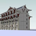 Traditional Architectural Style Multi Story Building With Decorative Roof And Balconies