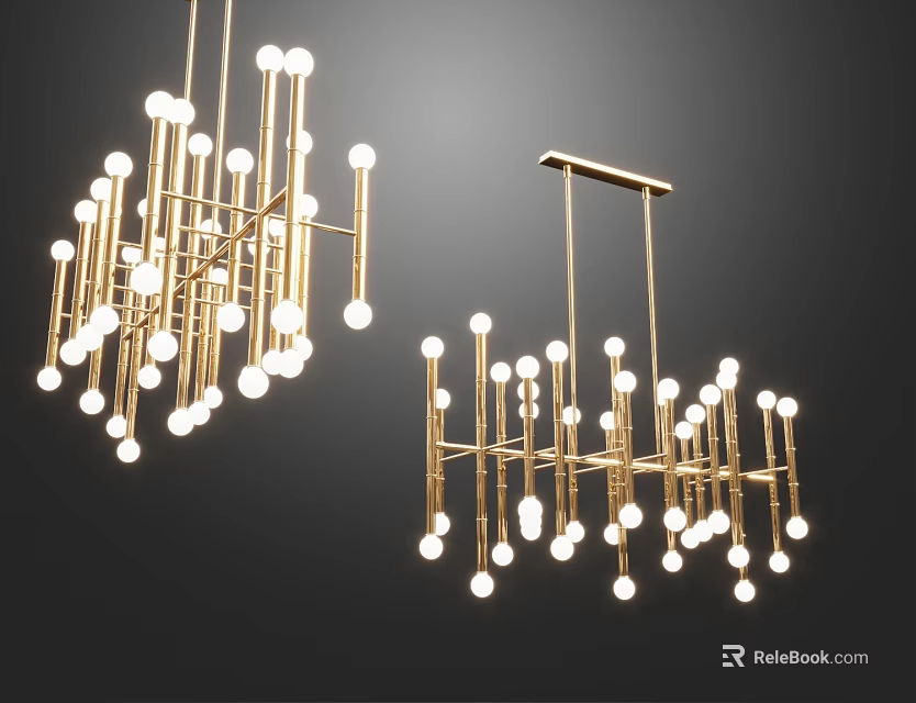 Modern Geometric Chandelier With Brass Frame And Multiple Spherical White Bulbs 3d model 