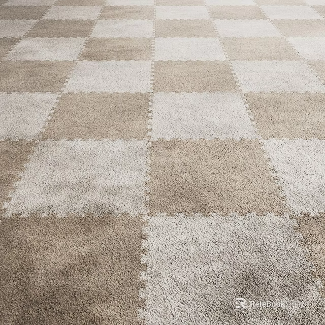 Square Checkerboard Pattern Carpet With Beige And Light Brown Soft Woven Texture For Living Room 3d model 