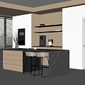 Modern Restaurant Kitchen Interior With Dark Island Countertop White Cabinets And Bar Stools