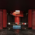 Luxurious KTV Room Interior With Red Backdrop Golden Chinese Characters And Black Sofa
