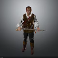 Red haired man in white shirt brown vest black pants brown boots holding long gun