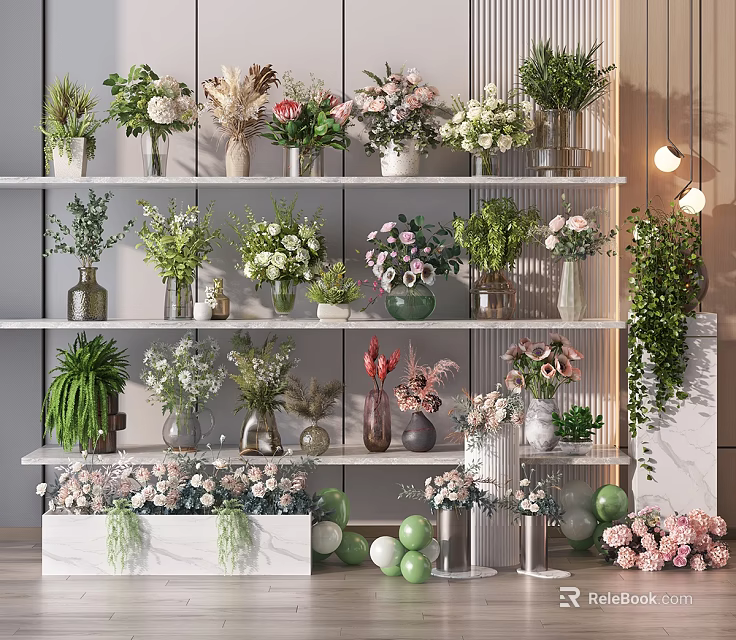 Assorted Decorative Vases With Various Flowers On Multiple Shelves 3d model