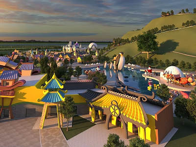 Amusement Park With Chinese Style Architecture Yellow Roofs Blue Decorations Pool Castle Hills And Trees 3d model