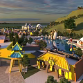 Amusement Park With Chinese Style Architecture Yellow Roofs Blue Decorations Pool Castle Hills And Trees