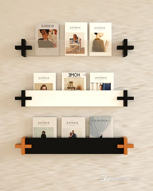 Elegant Books Magazines Wall Mounted Shelf Display With Multiple Layers And Wooden Frames 3d model 