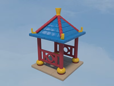 Decorative Pavilion With Blue Roof Red Pillars And Yellow Decorations On Square Base 3d model