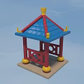 Decorative Pavilion With Blue Roof Red Pillars And Yellow Decorations On Square Base