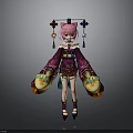 Woman with Pink Hair in Traditional Purple Gold Outfit Holding Yellow Objects and Decorative Headpiece