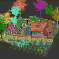 Detailed Miniature Landscape With Colorful House Green Trees Stone Fence And Scenic Pond