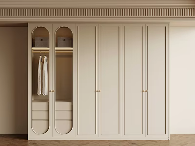 Modern Beige Wardrobe Interior Design With Glass Door Sections And Brass Handles And Drawers 3d model