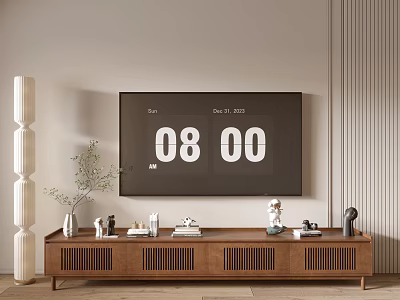 Modern Wooden TV Stand With Decorative Items Books Potted Plant And Wall Mounted TV 3d model