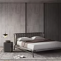 Modern Double Bed With Woven Headboard White Brown Linens Grey Nightstand And Black Pendant Light