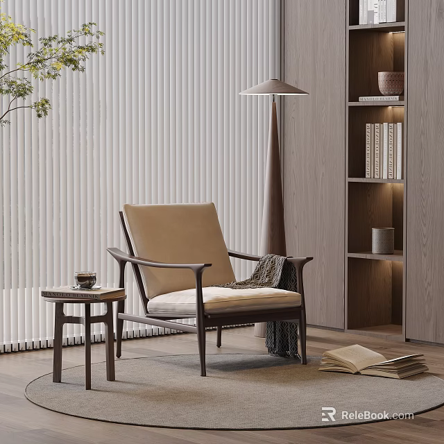 Comfortable Lounge Chair with Beige Cushion Wooden Frame and Side Table 3d model 