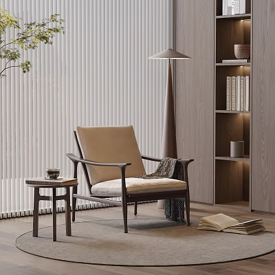 Comfortable Lounge Chair with Beige Cushion Wooden Frame and Side Table 3d model