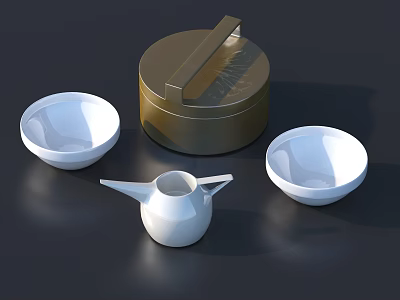 Stylish Tableware Set With Golden Lidded Container White Bowls And Pitcher 3d model